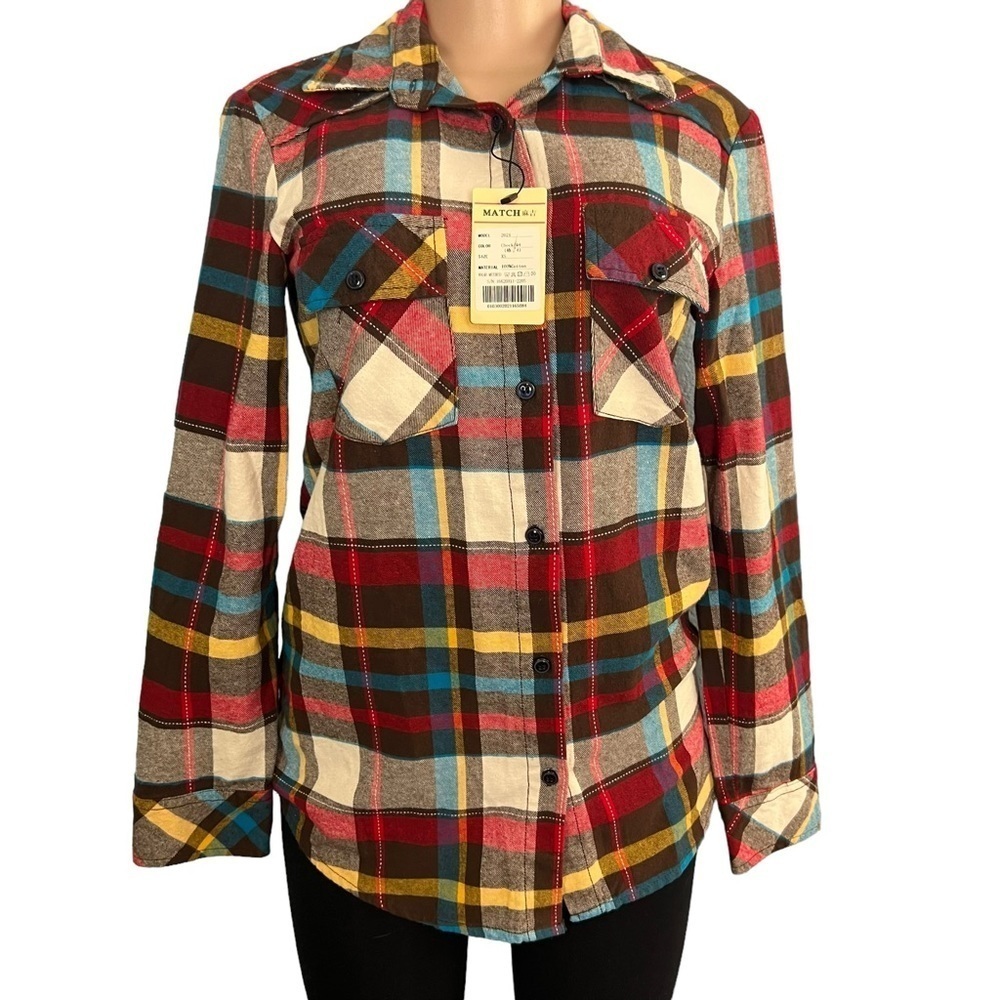 3/$30 ☀️ Matchstick Long Sleeve Button Down Small Red Brown White Flannel Cotton